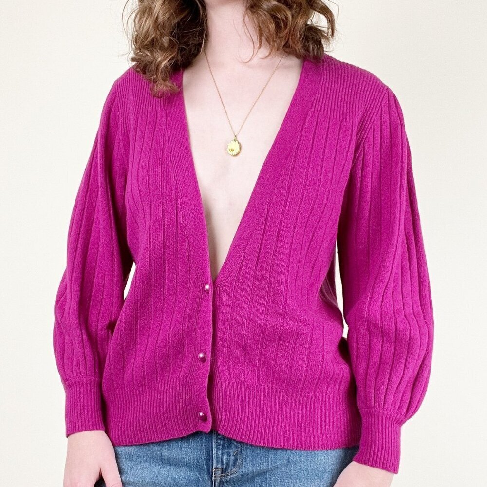 Vintage Lambswool & Angora Hair Ribbed Knit Cardigan Sweater Puffed Poof Sleeves